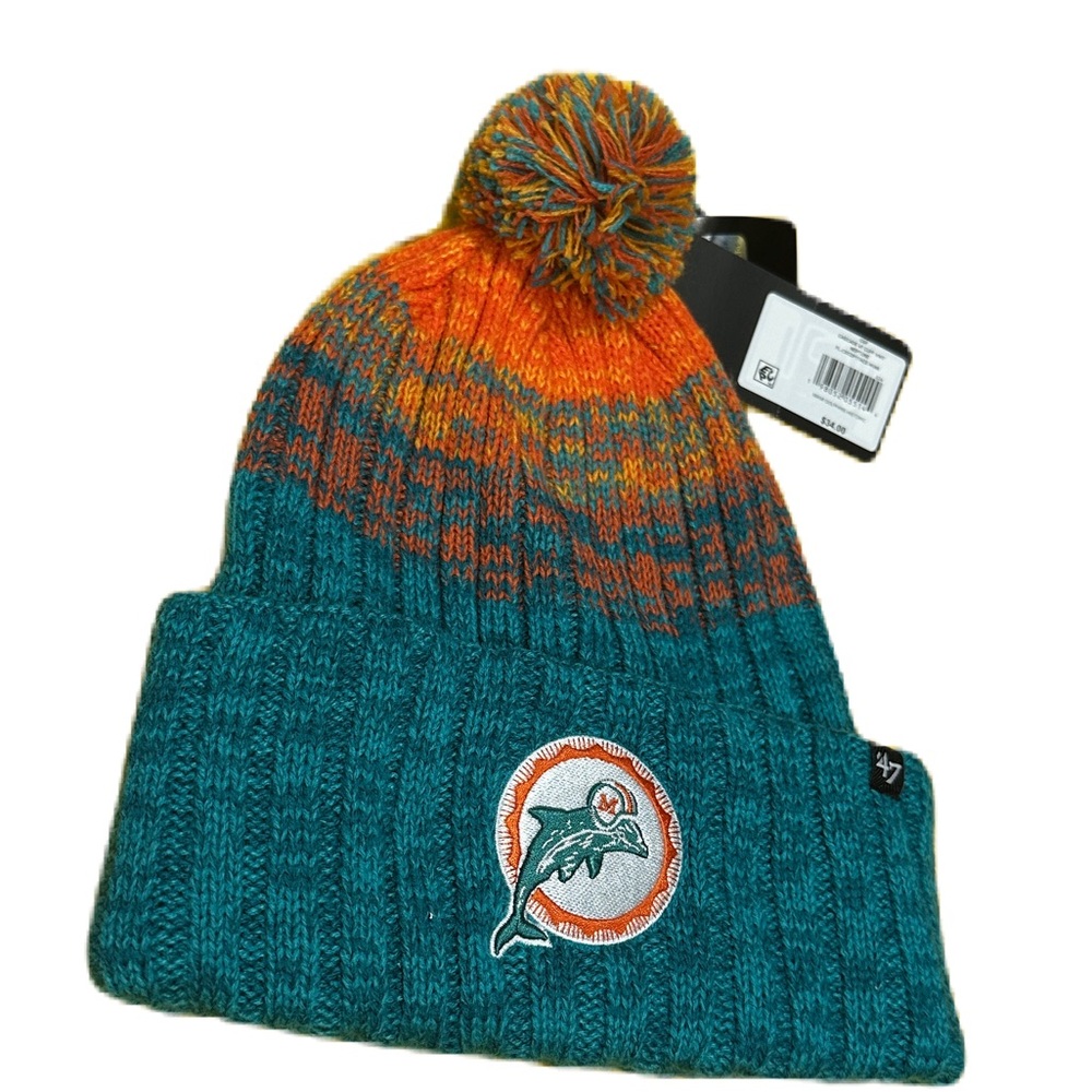 Miami Dolphins Historic Aqua/Orange NFL Sideline 47’ Pom Cuffed Knit‎ Hat NWT